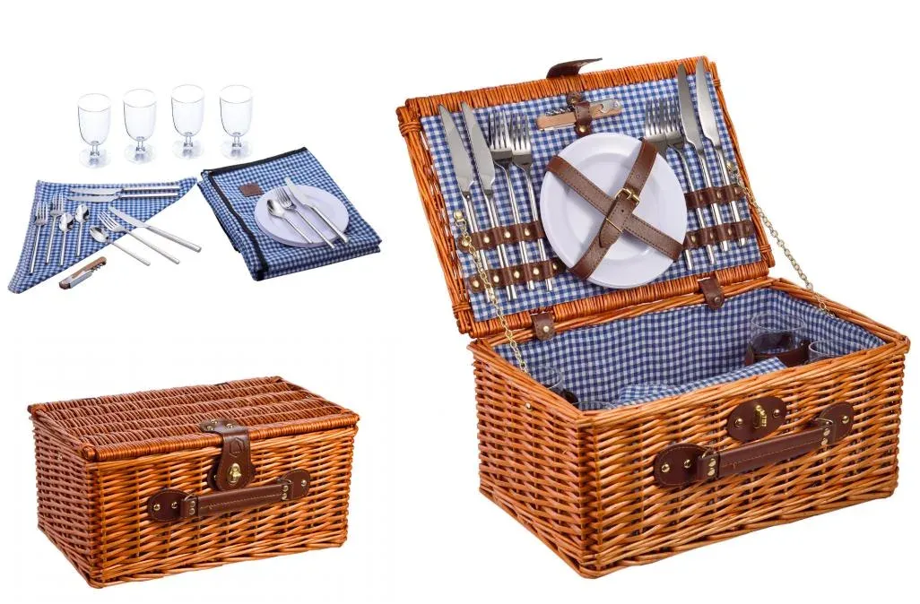 Wicker Picnic Basket — Blue Check