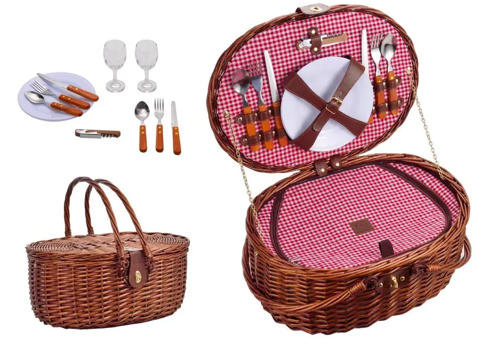 Wicker Picnic Basket — Red Gingham